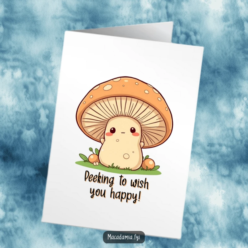 Funny Free Printable Birthday Card showing a shy macadamia nut character peeking from behind a large, smiling, friendly mushroom, conveying curiosity.