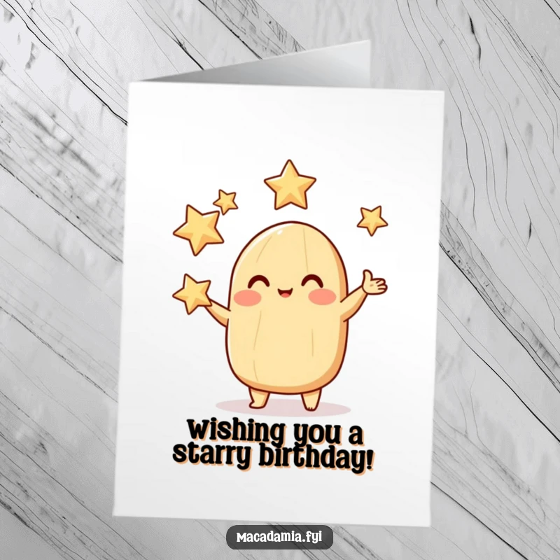 Funny Free Printable Birthday Card: A rosy-cheeked macadamia nut happily juggles three sparkling stars, radiating joy.