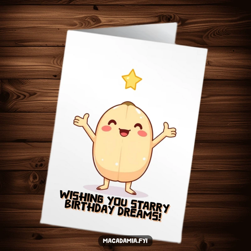 Funny Free Printable Birthday Card: Kawaii macadamia nut catches a falling star with open arms.