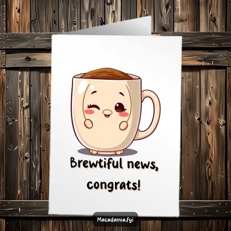 Funny Free Printable Congratulations Card: A macadamia nut character winks slyly from behind an oversized coffee mug.