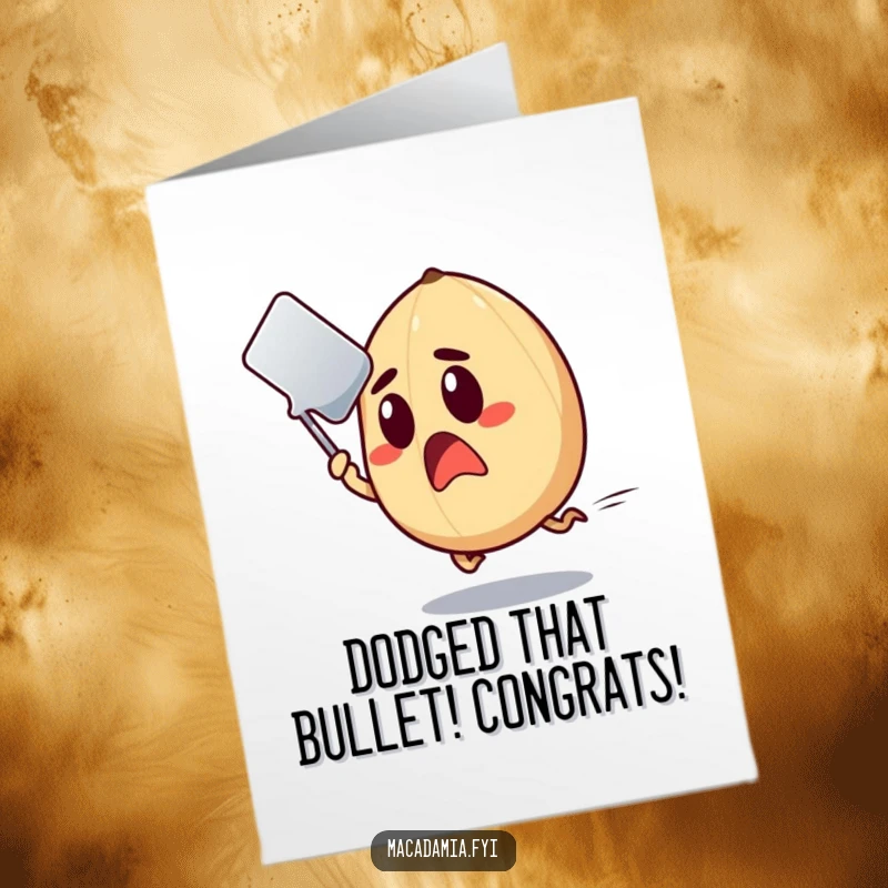 Funny Free Printable Macadamia Nut Congratulations Card: A nut with a shocked face dodging a fast-flying spatula.