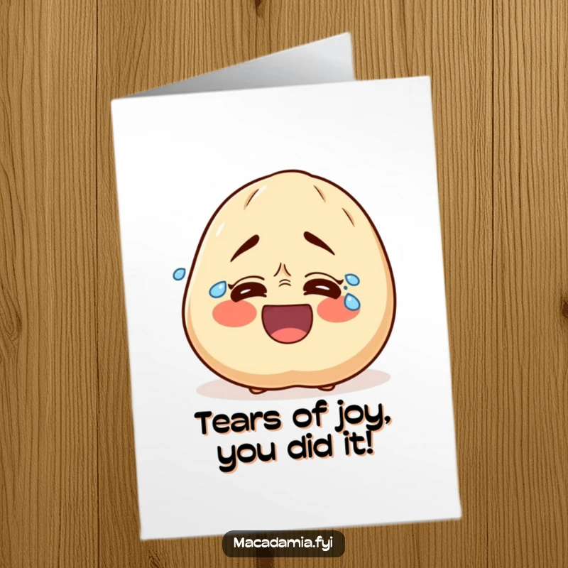 Funny Free Printable Congrats Card: Macadamia nut character weeping with laughter, celebrating a massive achievement
