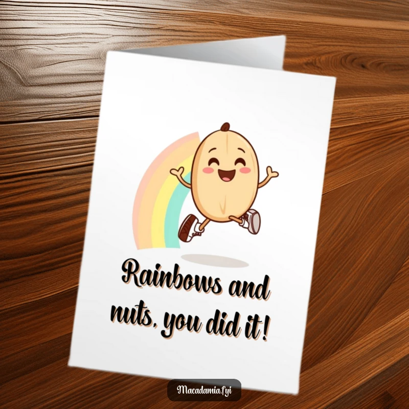 Funny Free Printable Congratulations Card: A happy macadamia nut wearing small running shoes joyfully jogs across a bright rainbow.
