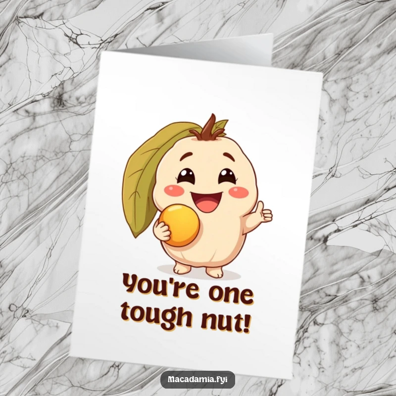 Funny Free Printable Congratulations Card: Macadamia nut character beaming with a triumphant grin, clutching a precious golden macadamia nut.