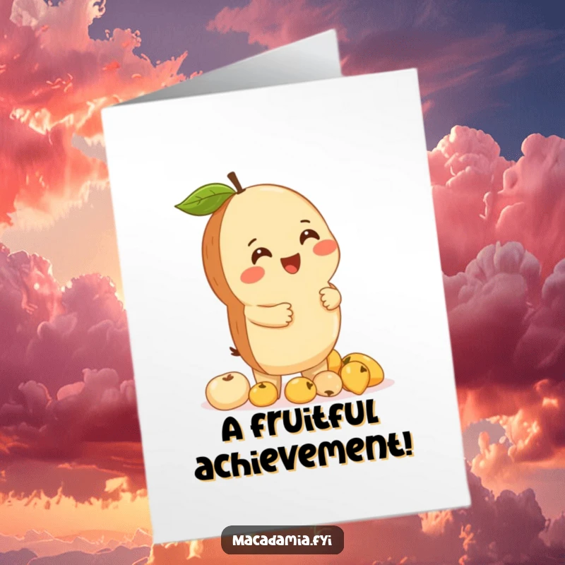 Funny Free Printable Congratulations Card: A macadamia nut giggling uncontrollably while balancing an impressive stack of miniature fruits.