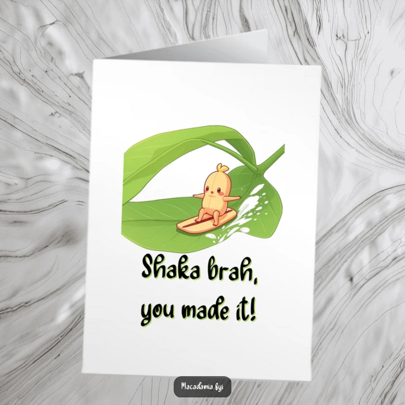 Funny Free Printable Congratulations Card: A macadamia nut gleefully surfing a huge leaf, celebrating making it to the shore victoriously.