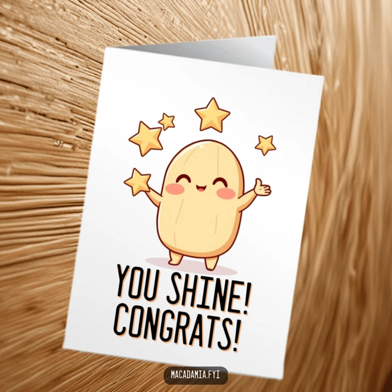 Funny Free Printable Congrats Card: A rosy-cheeked macadamia nut expertly juggles sparkling stars, celebrating a win.