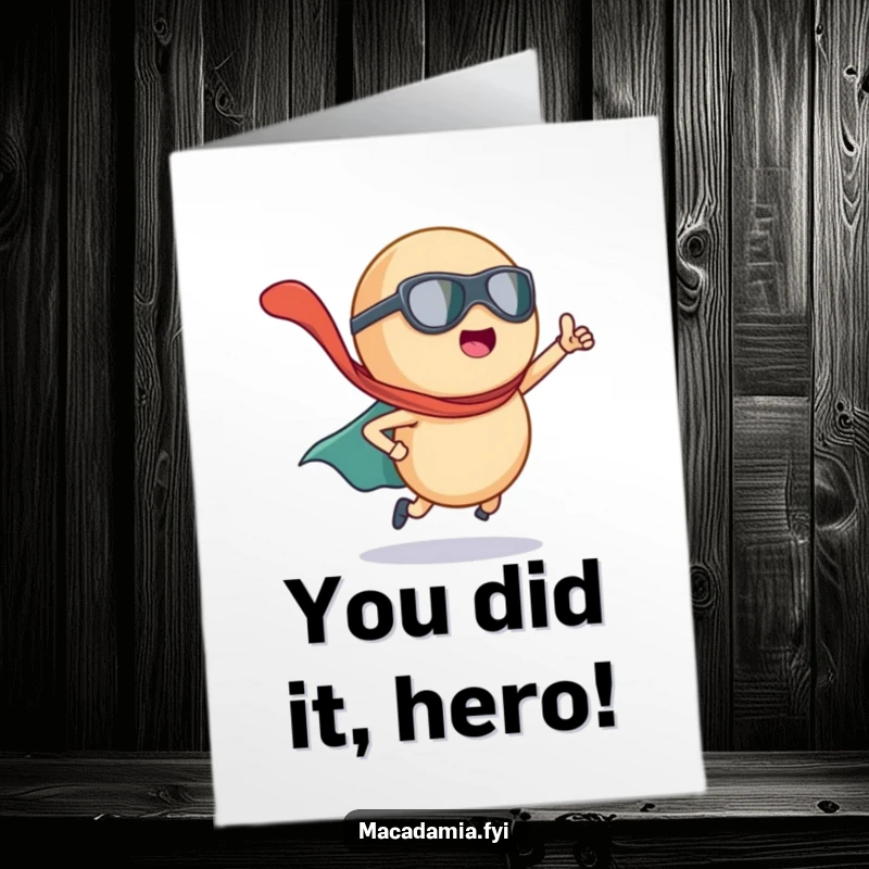 Funny Free Printable Congratulations Card: A macadamia nut in a superhero cape, flying dramatically to celebrate success.