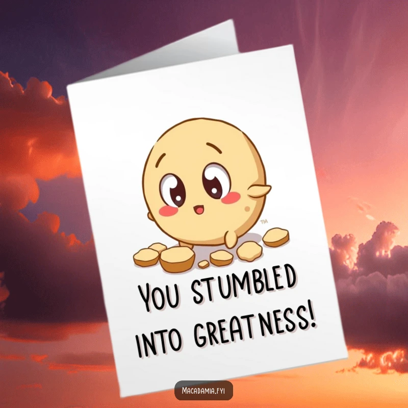 Funny Free Printable Congratulations Card: Macadamia nut character trips, scattering shell pieces widely.