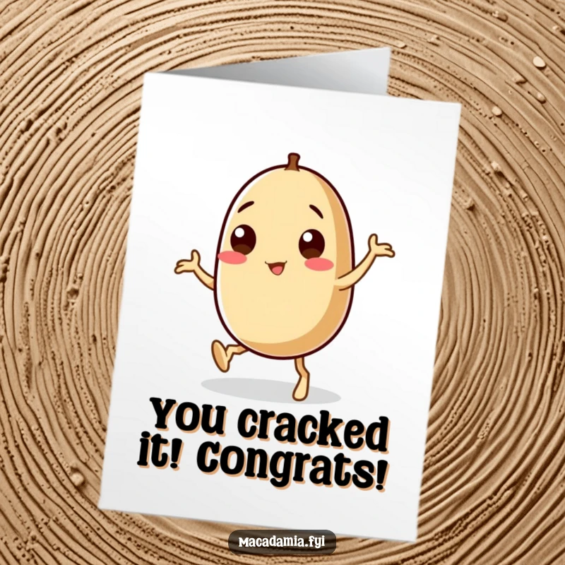 Funny Free Printable Congratulations Card: A macadamia nut with unsteady legs performing a jubilant, energetic dance for celebration.