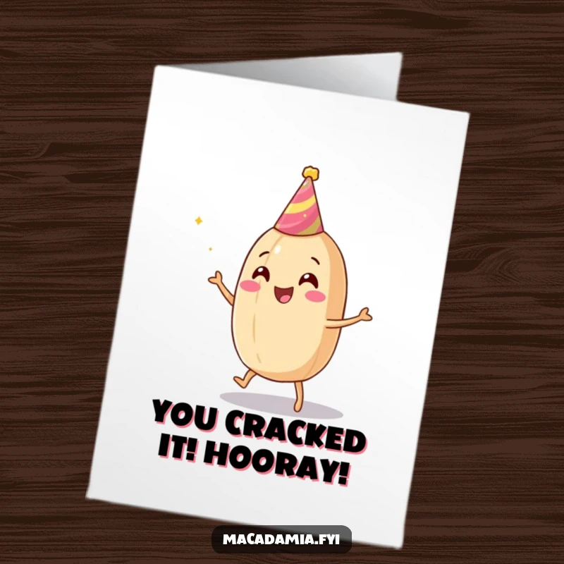 Funny free printable congratulations card showing a macadamia nut character enthusiastically dancing with a party hat, spreading cheer.