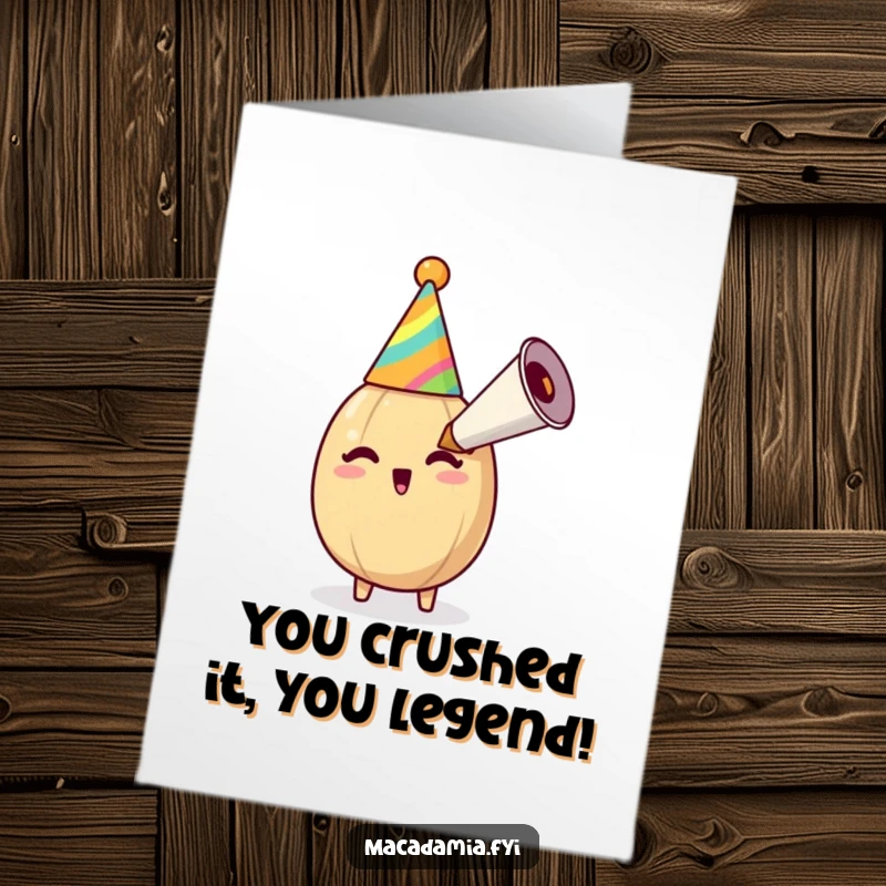 Funny Free Printable Congratulations Card: Ecstatic macadamia nut blowing party horn, celebrating a major victory. A festive downloadable.