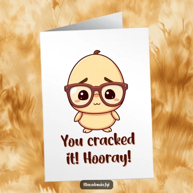 Funny Free Printable Macadamia Nut Congratulations Card: A macadamia nut with huge glasses, looking delightfully perplexed but happy.