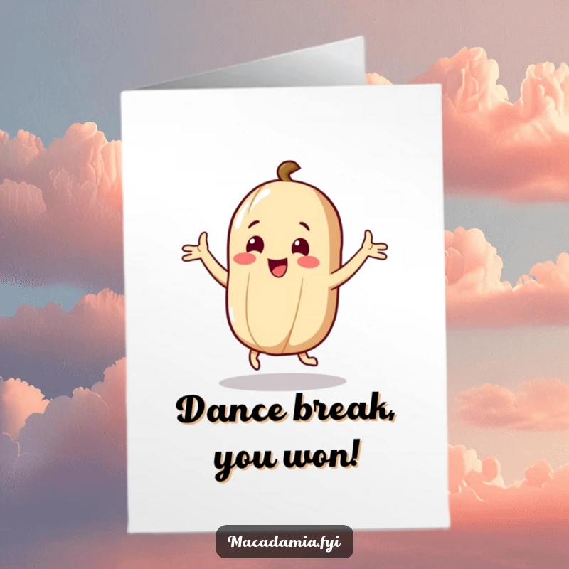 Funny Free Printable Macadamia Nut Congratulations Card: A macadamia nut character joyfully dancing with arms flailing in celebration.