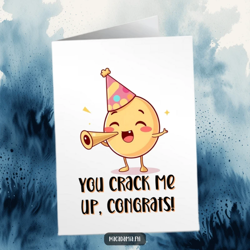 Funny Free Printable Congratulations Card: A macadamia nut character in a party hat, enthusiastically blowing a party horn.