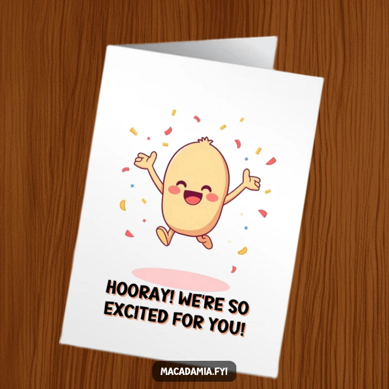 Funny Free Printable Congratulations Card: Kawaii macadamia nut leaps high, tossing confetti in celebration.