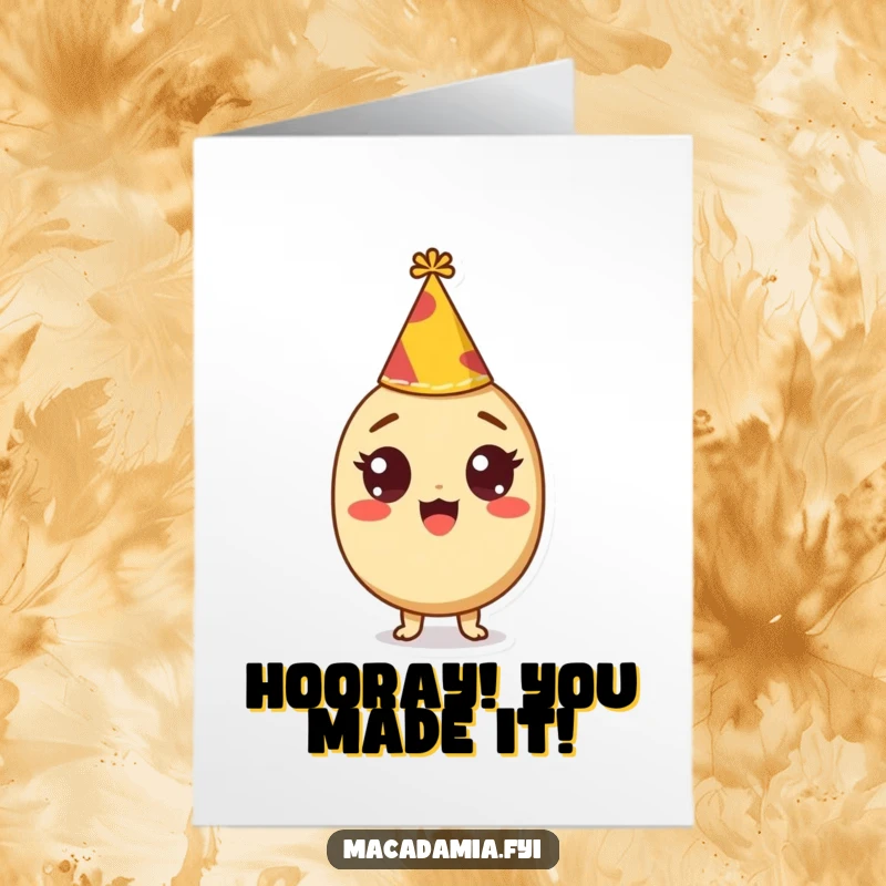 Funny Free Printable Congratulations Card: Macadamia nut character with wide, excited eyes and a tiny party hat, celebrating big news.