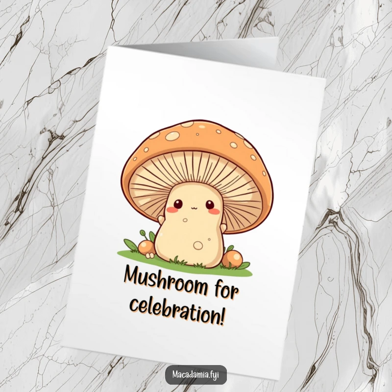 Funny Free Printable Congratulations Card featuring a macadamia nut character playfully peeking from behind a giant, friendly mushroom, celebrating success.