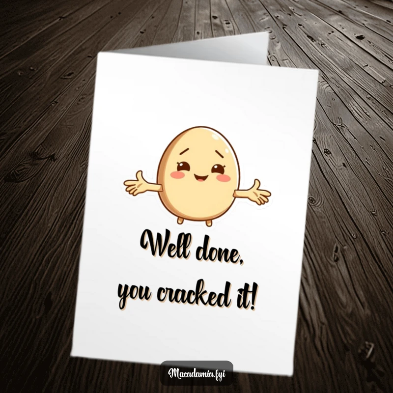 Free Printable Congratulations Card: A macadamia nut character shrugging cluelessly, ideal for a funny downloadable gift.