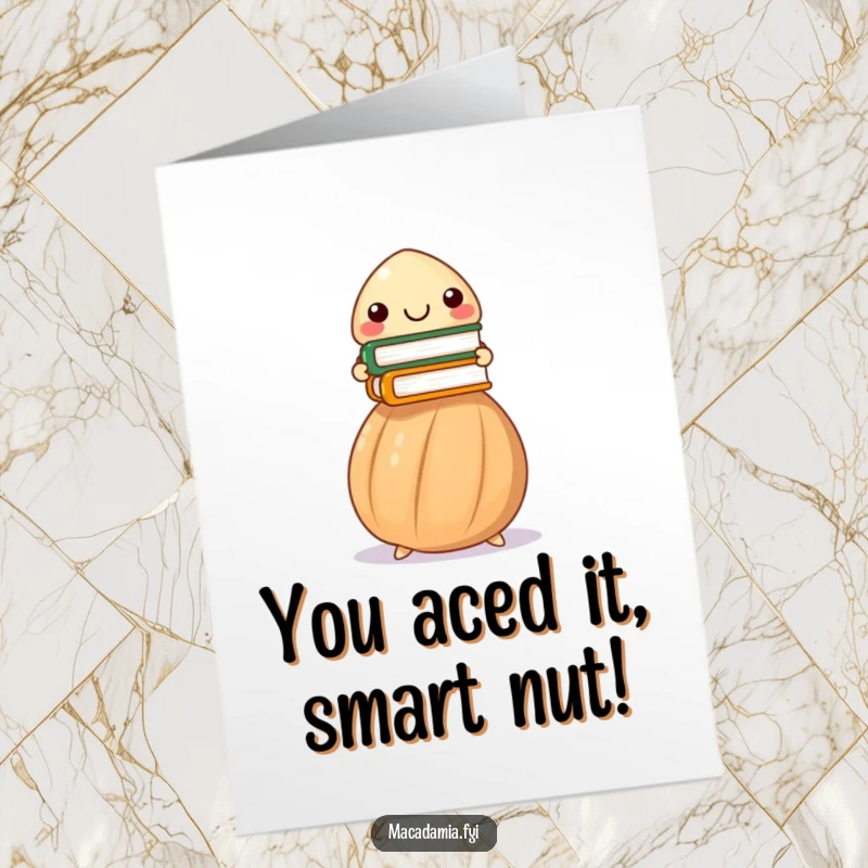 Funny Free Printable Congratulations Card: A proud macadamia nut beams while expertly balancing a stack of small, colorful books.