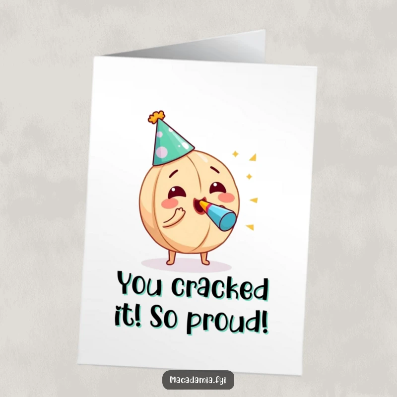 Funny Free Printable Congratulations Card: A macadamia nut wearing a party hat, blowing a noisemaker with pure excitement.