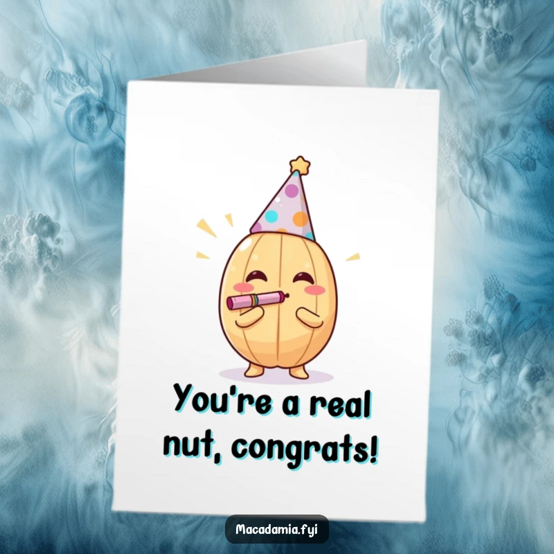 Funny Free Printable Congratulations Card of a macadamia nut in a party hat, blowing a noisemaker, celebrating a major win with zest.