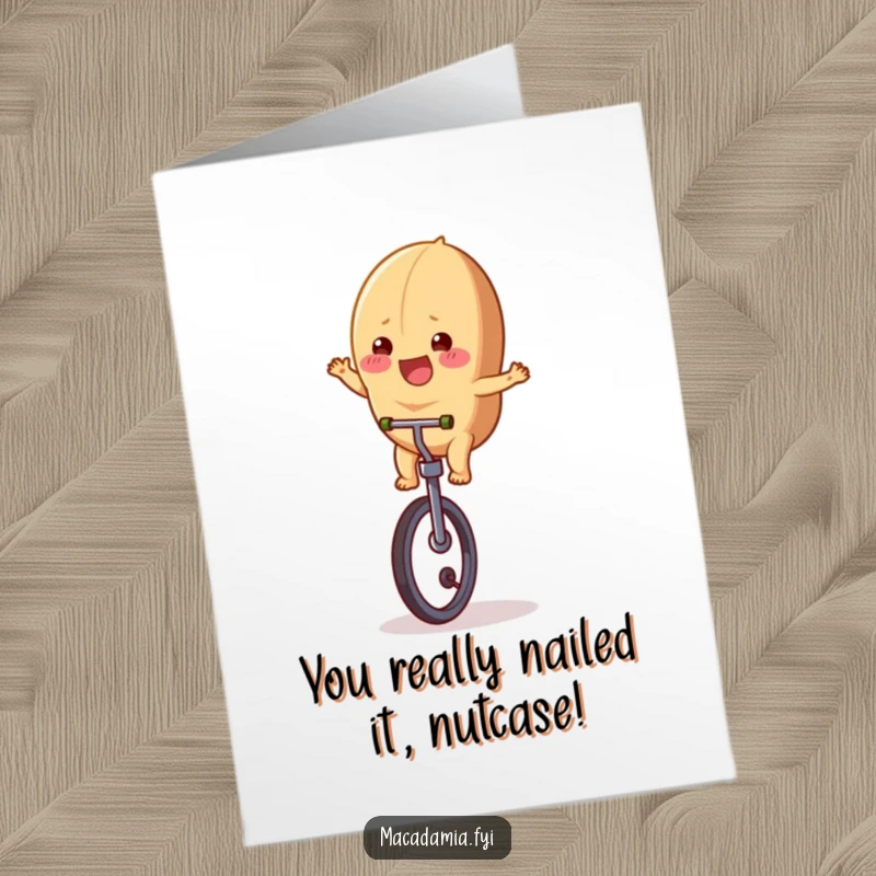 Funny Free Printable Congratulations Card: A macadamia nut masterfully rides a unicycle, celebrating your fantastic success with pure joy.