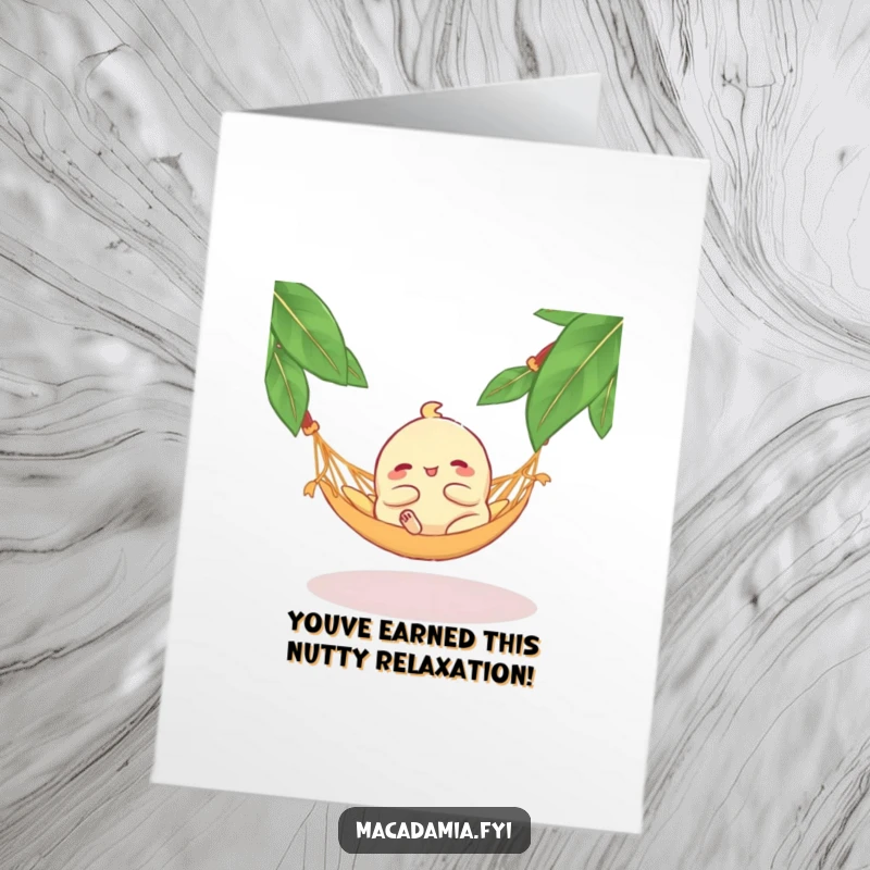Funny Free Printable Congratulations Card: A macadamia nut enjoys pure bliss while lounging in a miniature hammock, a picture of relaxation.