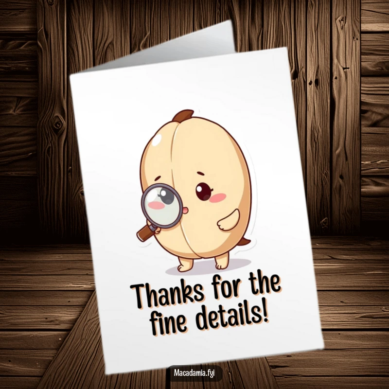 Funny Free Printable Thank You Card of a macadamia nut character peering through a magnifying glass at a barely visible detail, expressing thorough gratitude.
