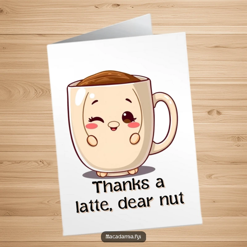 Funny Free Printable Thank You Card: A macadamia nut character winks from behind a large coffee mug, offering thanks.