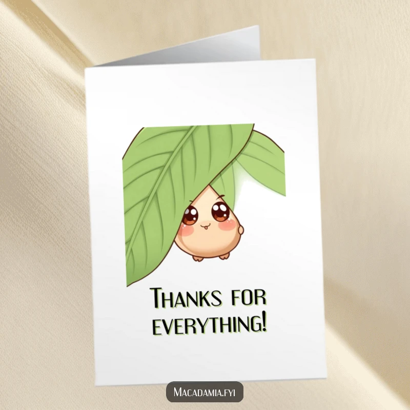 Funny Free Printable Thank You Card: A macadamia nut with big eyes peeking from behind a huge leaf.