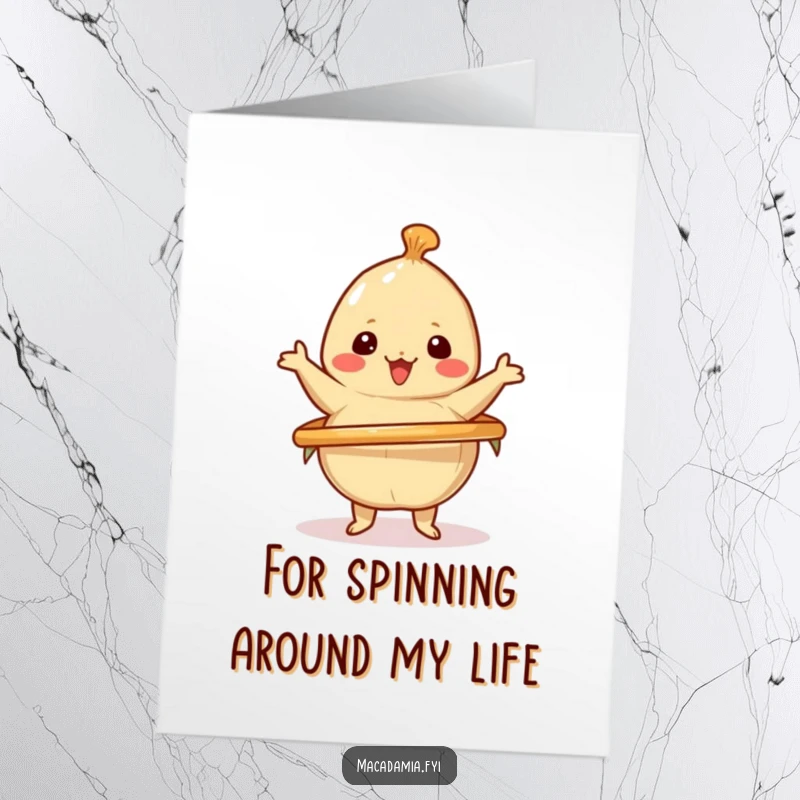 Funny free printable thank you card: A smiling Kawaii macadamia nut is captured mid-hula hoop spin, expressing thanks.