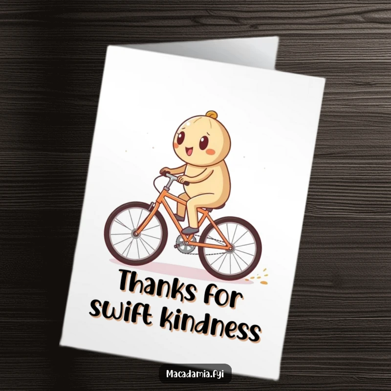 Funny Free Printable Thank You Card featuring a macadamia nut character on a bike, leaving a trail of sparkles to express heartfelt thanks.