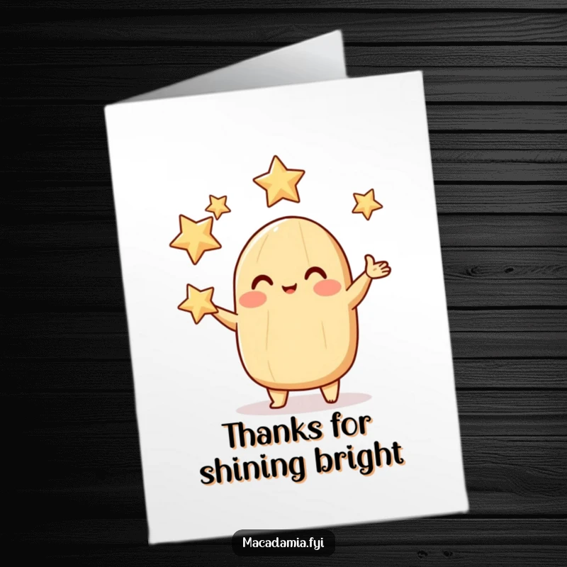 Funny Free Printable Thank You Card: A macadamia nut with rosy cheeks juggles sparkling stars, expressing gratitude.