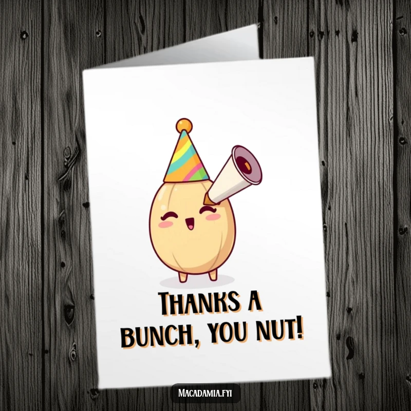 Funny Free Printable Thank You Card: Joyful macadamia nut with party horn, expressing heartfelt thanks. A downloadable appreciation.
