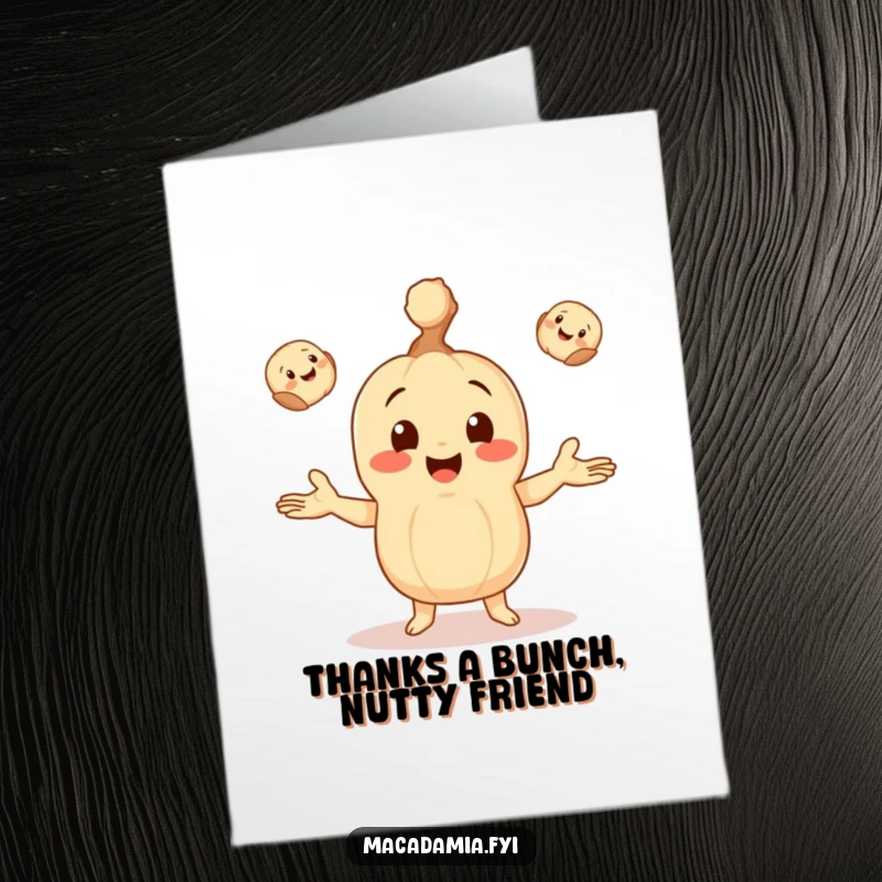 Funny Free Printable Thank You Card: Macadamia nut character joyfully juggling three small, smiling macadamia nuts, conveying thanks playfully.