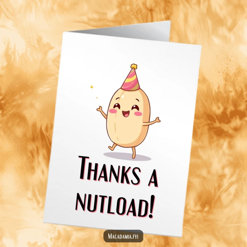 Funny free printable thank you card featuring a macadamia nut character doing a happy dance, a unique way to say thanks.