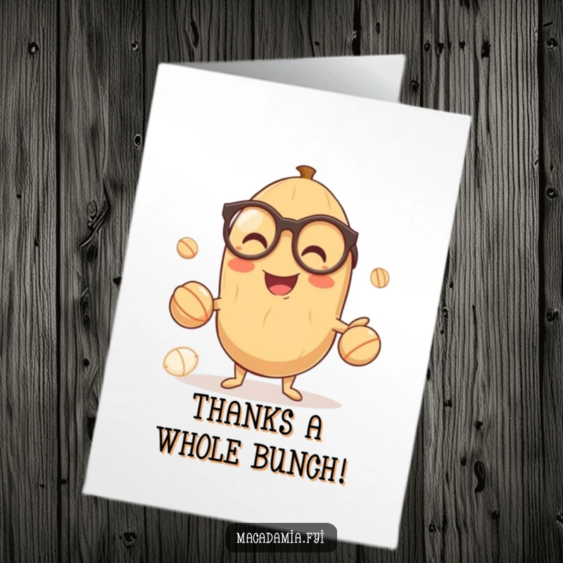 Funny Free Printable Thank You Card: A macadamia nut with glasses happily juggling three smaller nuts, expressing thanks.