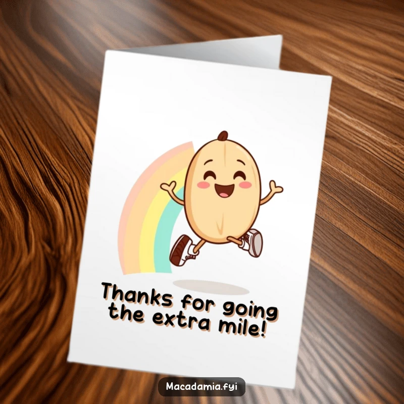 Funny Free Printable Thank You Card: A smiling macadamia nut in tiny sneakers jogs happily across a colorful rainbow.