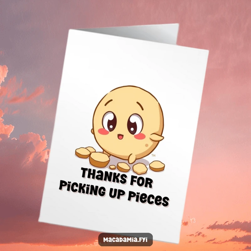 Funny Free Printable Thank You Card: Wide-eyed macadamia nut trips, shell pieces scatter.
