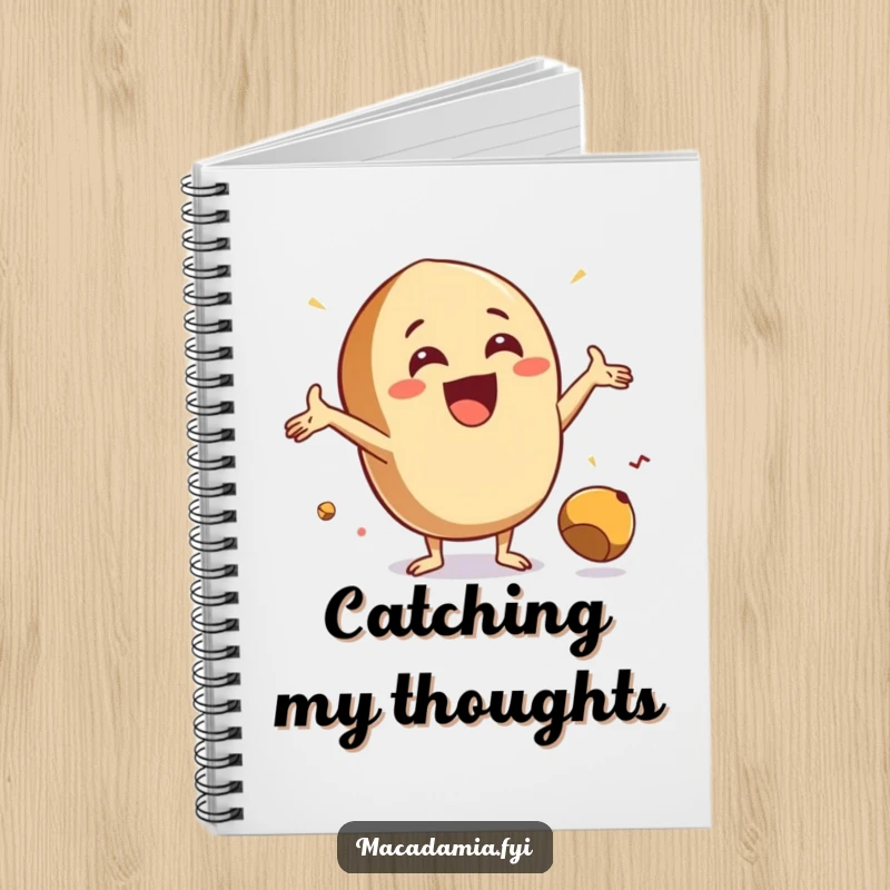 Funny Catch Nut Notebook featuring an excited macadamia nut with arms outstretched, ready to catch a falling nut, ideal for notes.