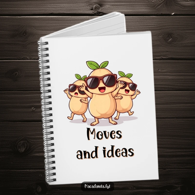 Funny macadamia nuts in sunglasses, dancing energetically, featured in a fun notebook design.
