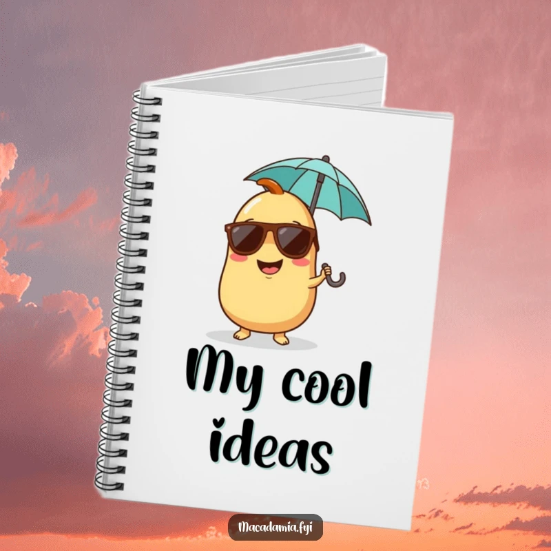 Funny notebook cover with a giggling macadamia nut character wearing sunglasses and holding a tiny umbrella.