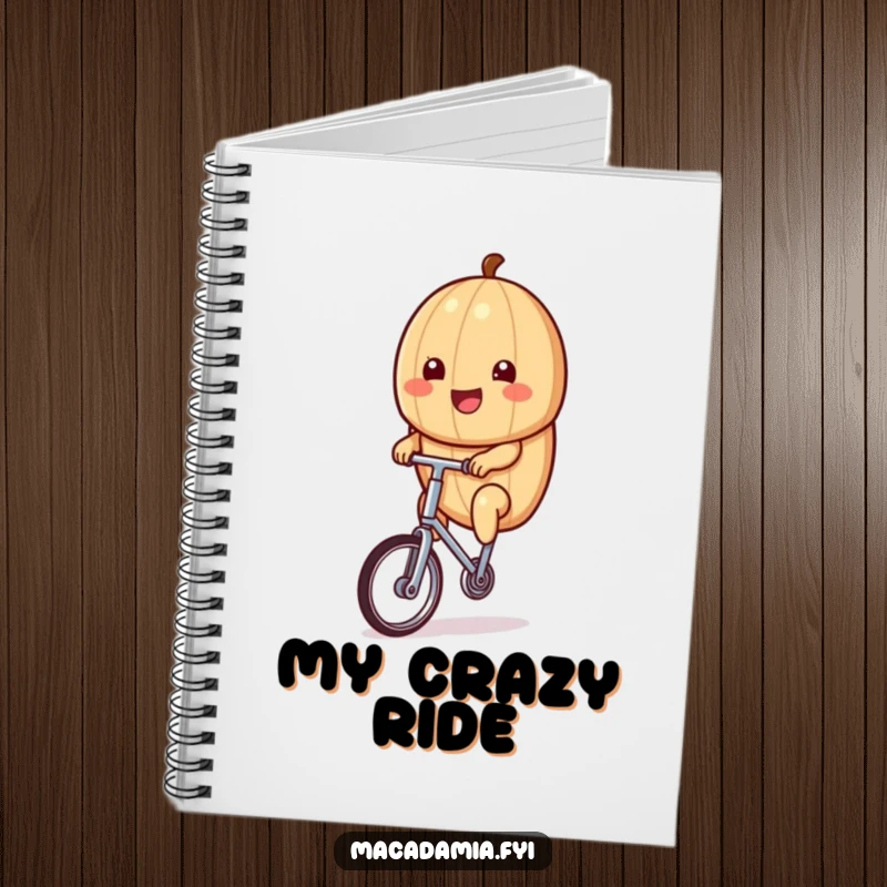 Funny kawaii macadamia nut riding a tiny unicycle with a big smile, perfect for taking notes in this humorous notebook.