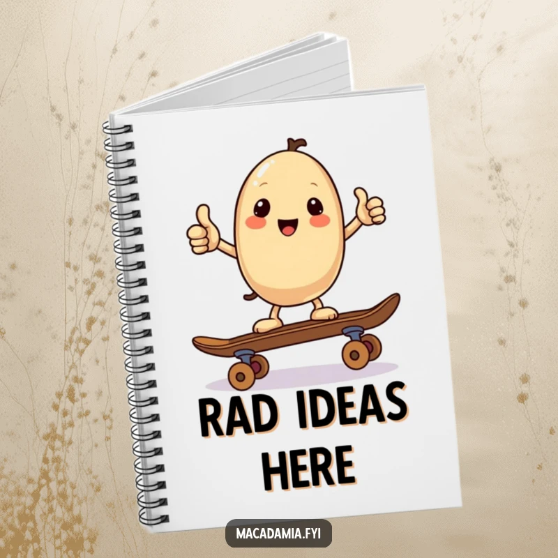 Funny notebook cover featuring a kawaii macadamia nut giving a thumbs up while balancing on a skateboard, designed for jotting down notes with cool humor.