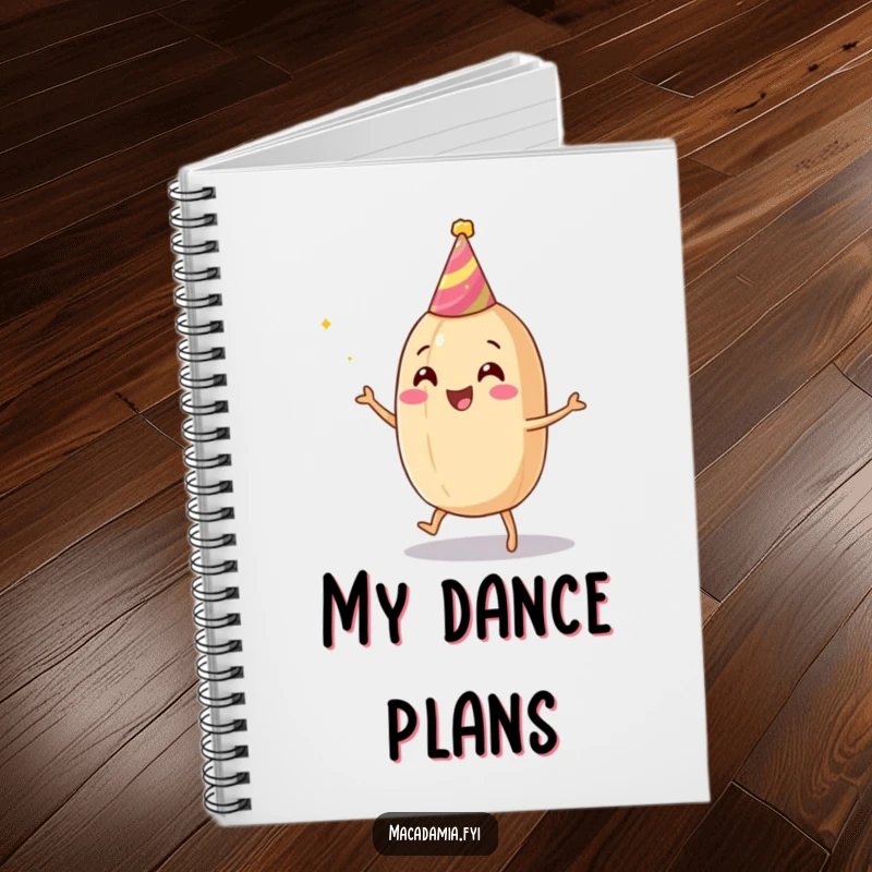 Funny macadamia nut notebook featuring a dancing nut in a party hat, ready to capture your thoughts and celebrations.