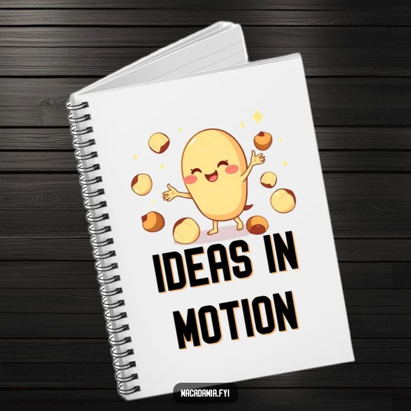 Funny macadamia nut notebook cover featuring a cheerful character juggling shiny nuts, perfect for jotting down busy thoughts.