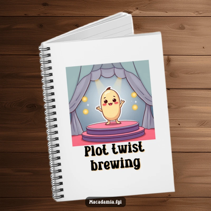 Funny macadamia nut character posing on a small colorful stage, lined notebook for a funny gift.