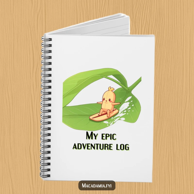 Funny Macadamia Nut character surfing a large green leaf in a gentle breeze, for writing, drawing, and humorous note-taking.