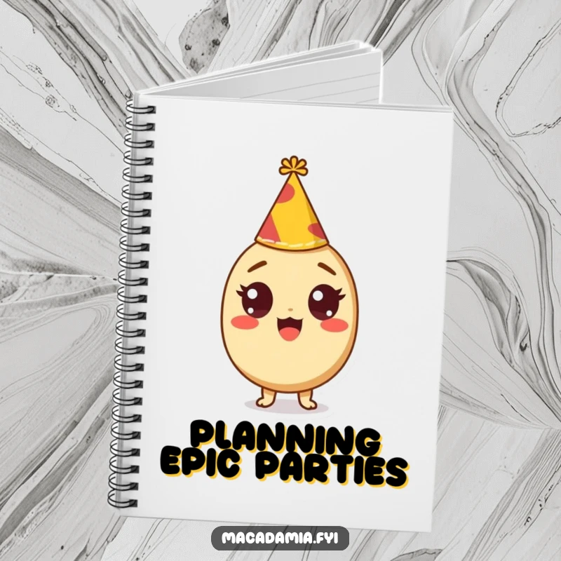 Funny notebook cover with a macadamia nut character with wide, excited eyes wearing a tiny party hat, for journaling.